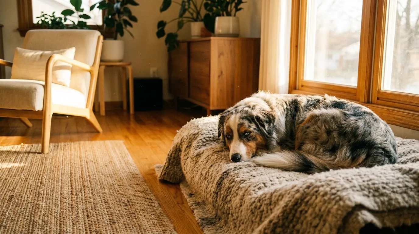 An Australian Shepherd resting on a cozy blanket at home in warm window light