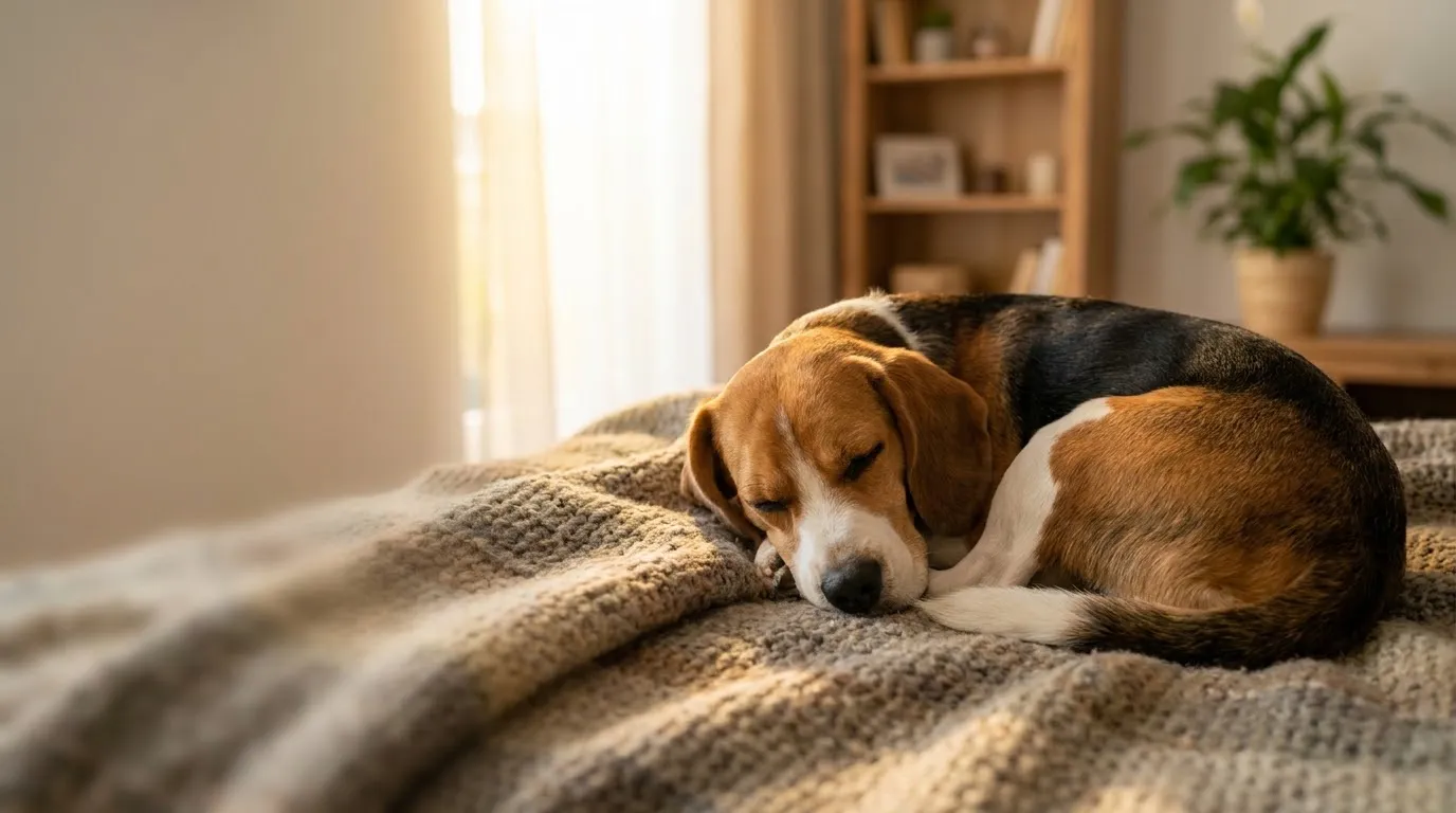 A tricolor beagle resting on a cozy blanket at home in warm window light
