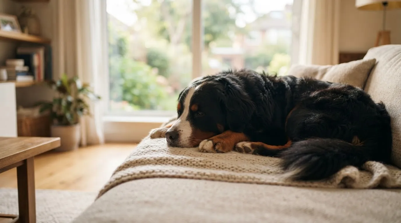 A Bernese Mountain Dog resting peacefully on a cozy blanket at home in warm window light