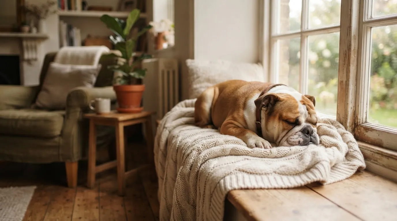 An English Bulldog resting peacefully on a cozy blanket at home in warm window light