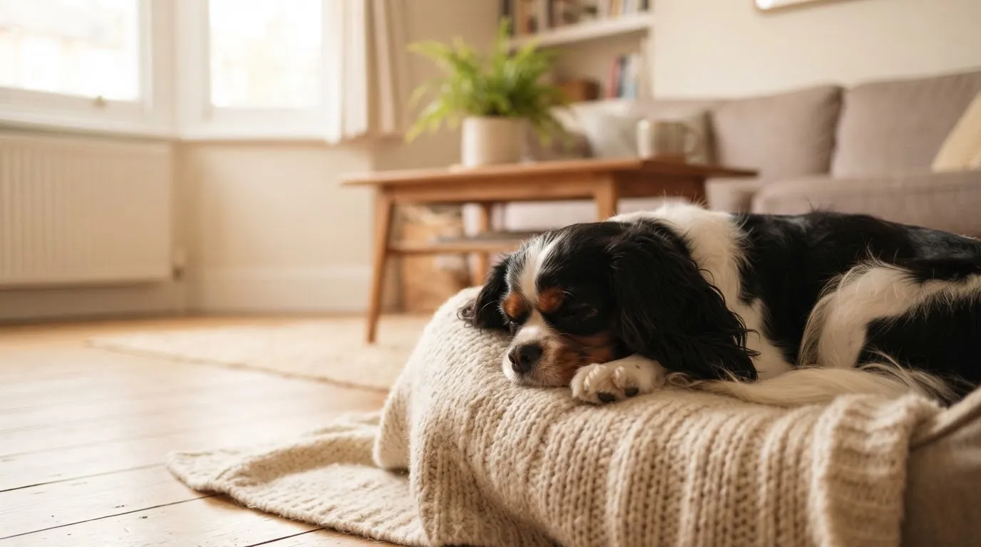 A Cavalier King Charles Spaniel resting on a cozy blanket at home in warm window light