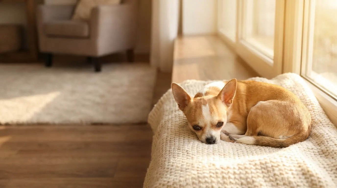 A smooth coat Chihuahua resting on a cozy blanket at home in warm window light