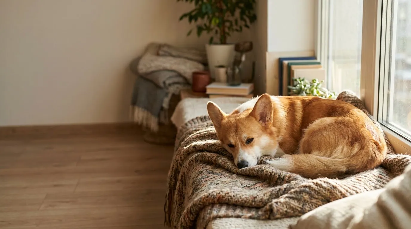 A Pembroke Welsh Corgi resting on a cozy blanket at home in warm window light