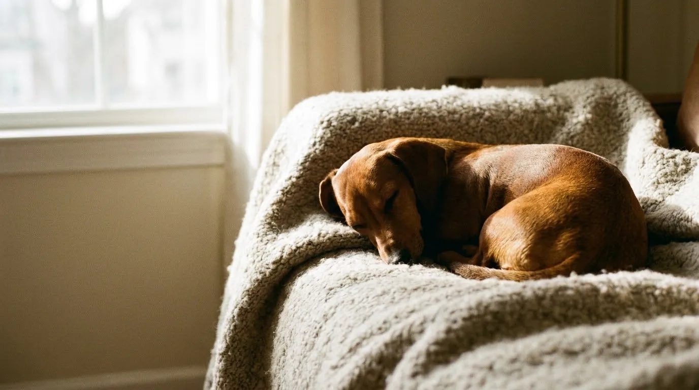 A smooth red miniature dachshund resting on a cozy blanket