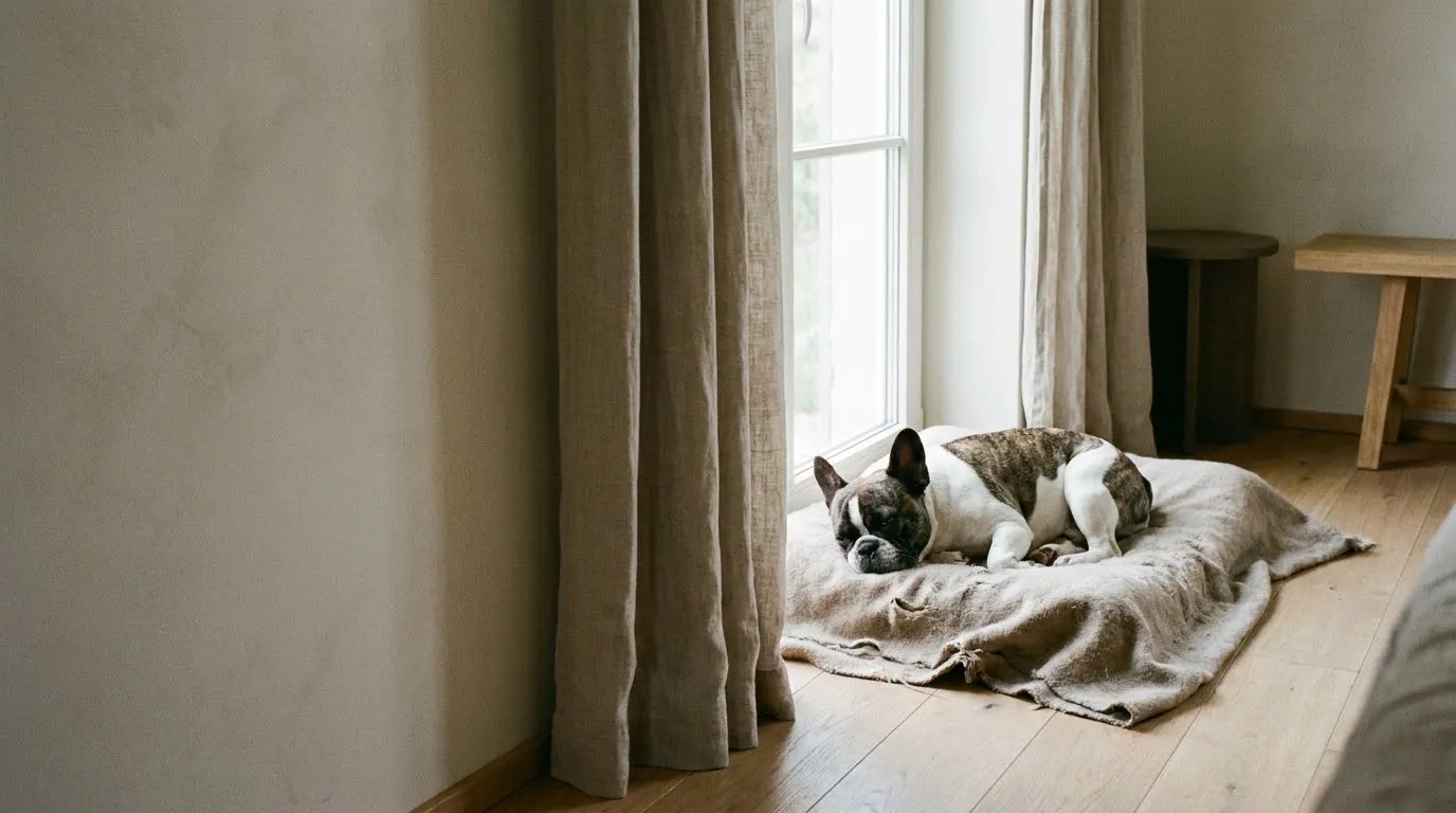 A brindle French bulldog relaxing comfortably on a living room rug near a window