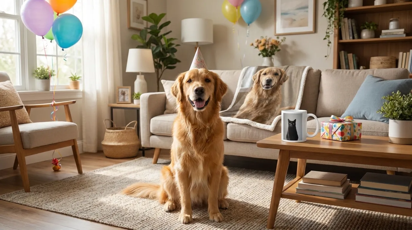 Golden retriever in a party hat beside a custom pet photo mug and pet photo sherpa blanket, shown with example photos