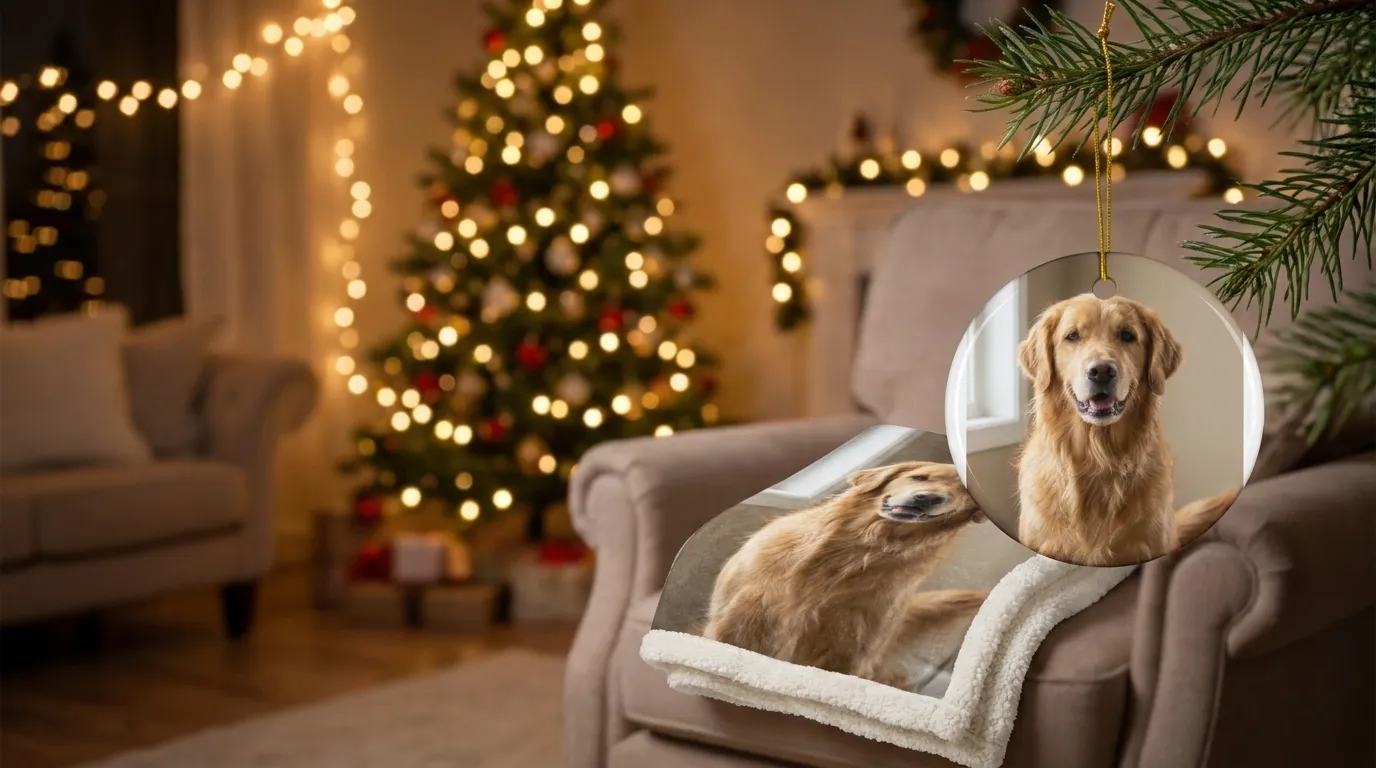 Custom pet photo ornament on a Christmas tree branch and pet photo sherpa blanket on an armchair, shown with example photos