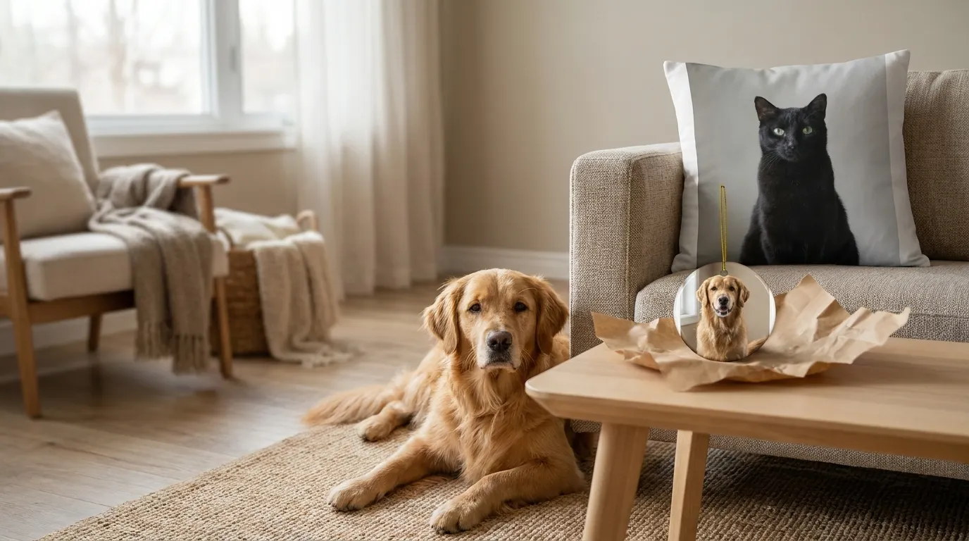 Custom pet photo ornament and pet photo pillow, shown with example photos, beside a golden retriever in a living room