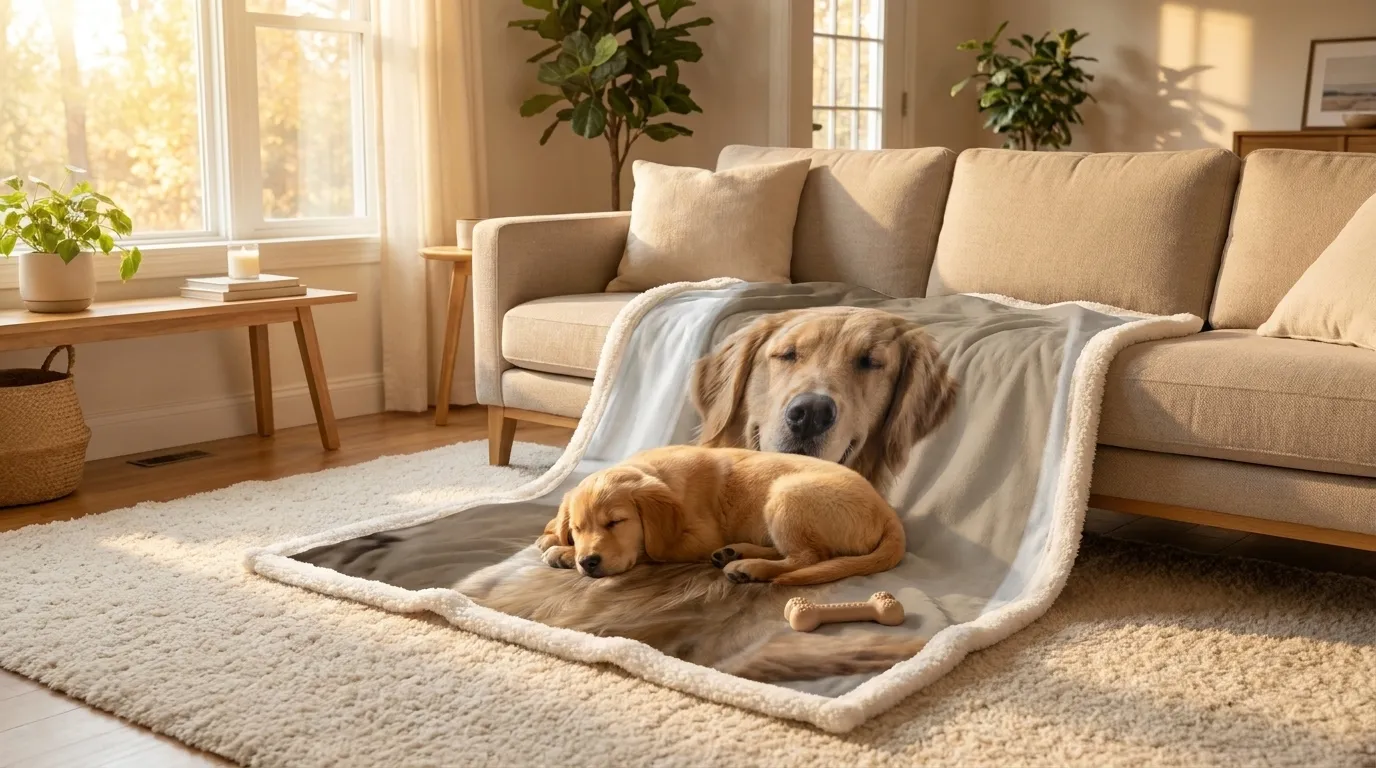 Golden retriever puppy asleep on a custom pet photo sherpa blanket in a sunlit living room, shown with an example photo