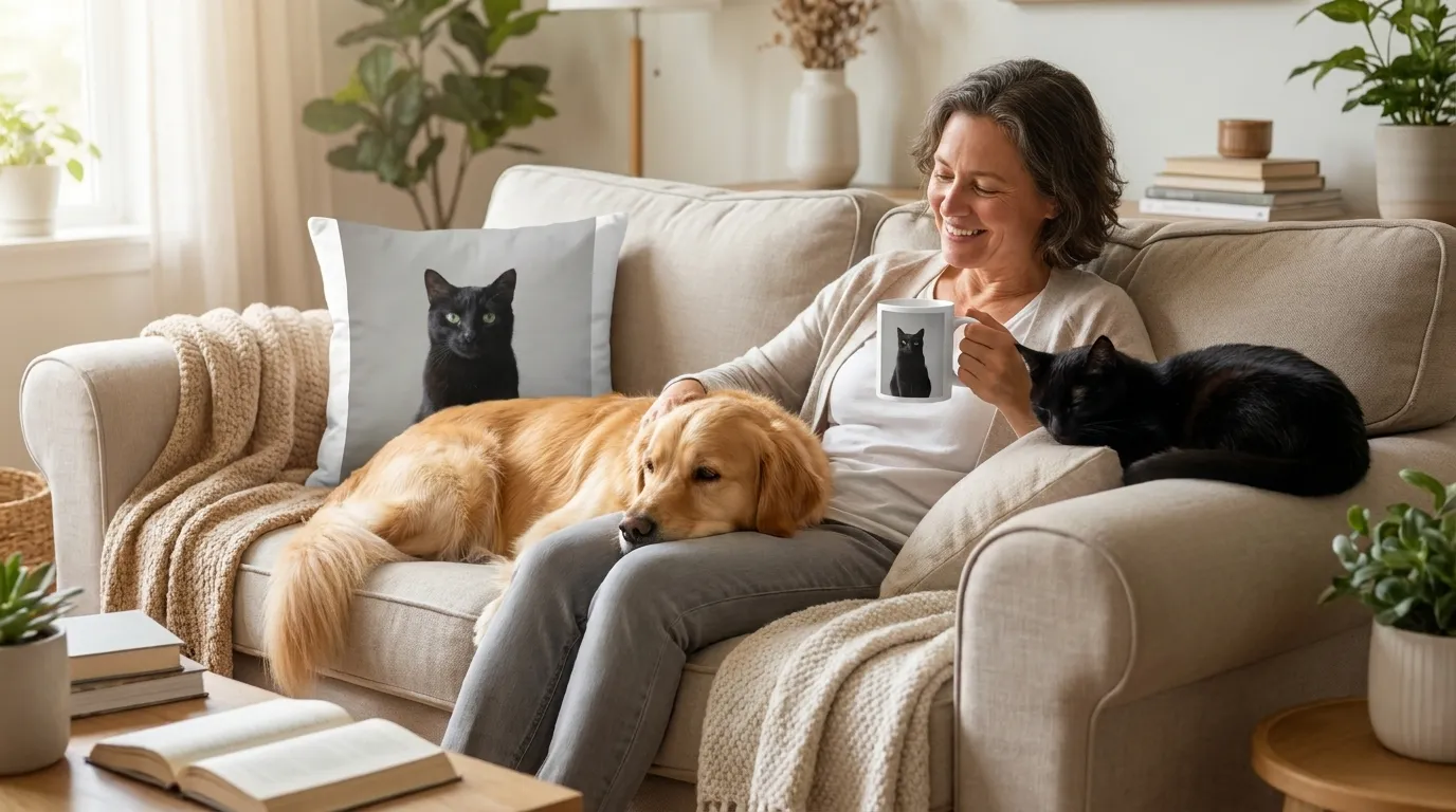 Pet owner on a sofa with a dog and cat, holding a custom pet photo mug beside a pet photo pillow, shown with example photos