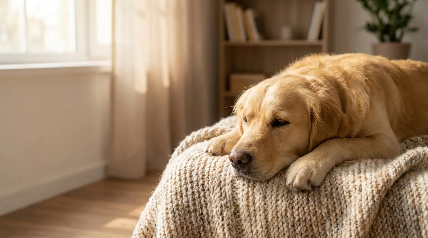 A Golden Retriever resting on a cozy blanket at home in warm window light