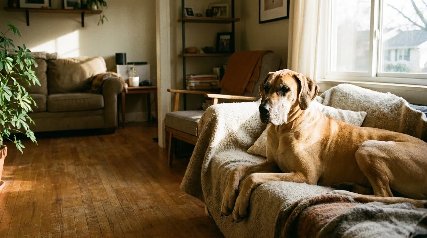 A Great Dane resting on a cozy blanket at home in warm window light