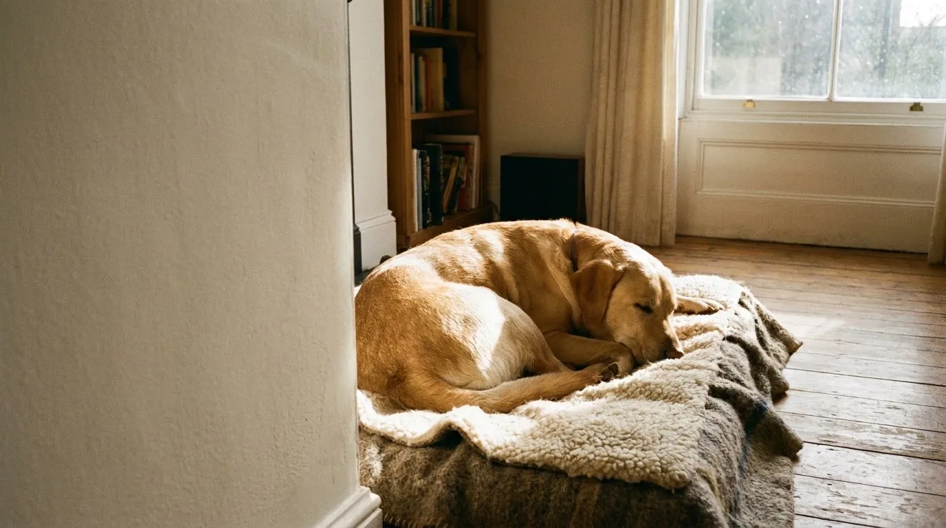 A yellow Labrador Retriever resting on a cozy blanket at home in warm window light