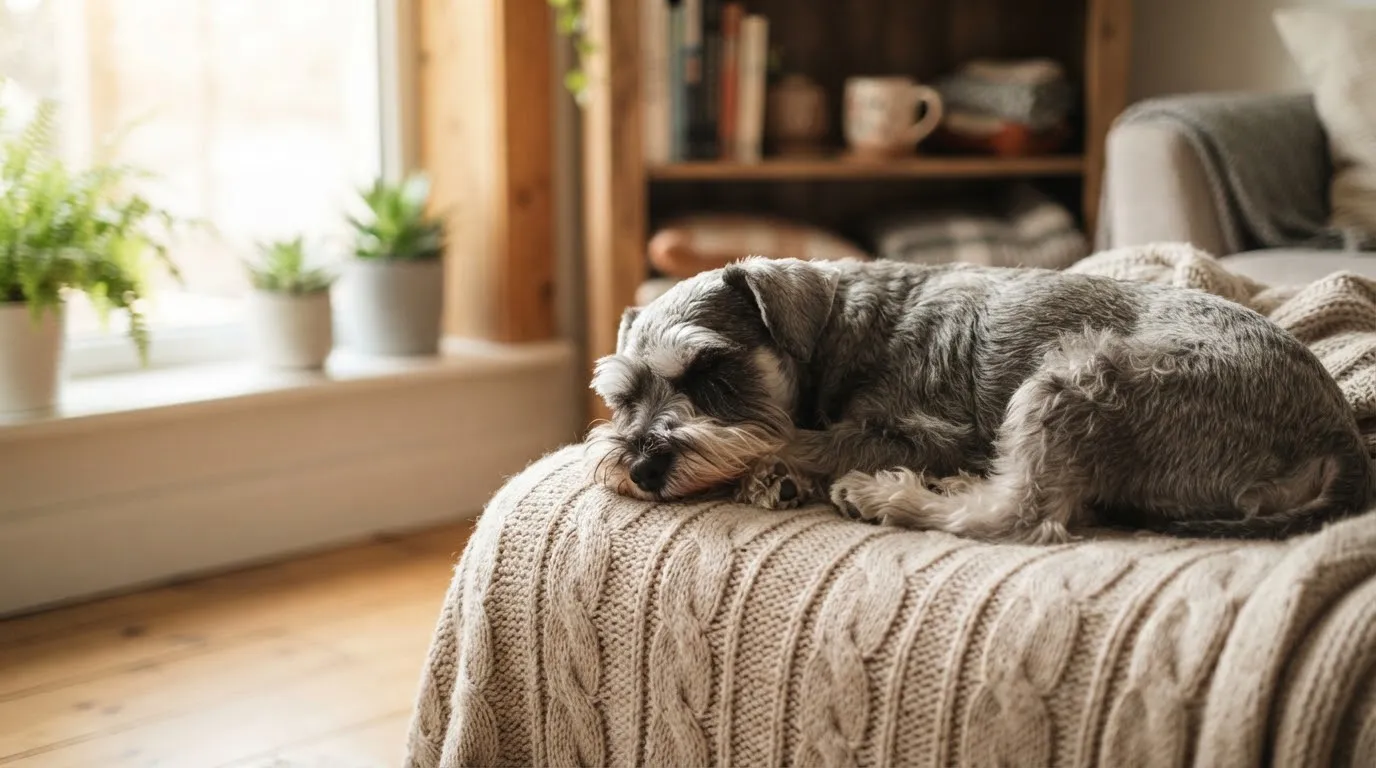 A Miniature Schnauzer resting on a cozy blanket at home in warm window light