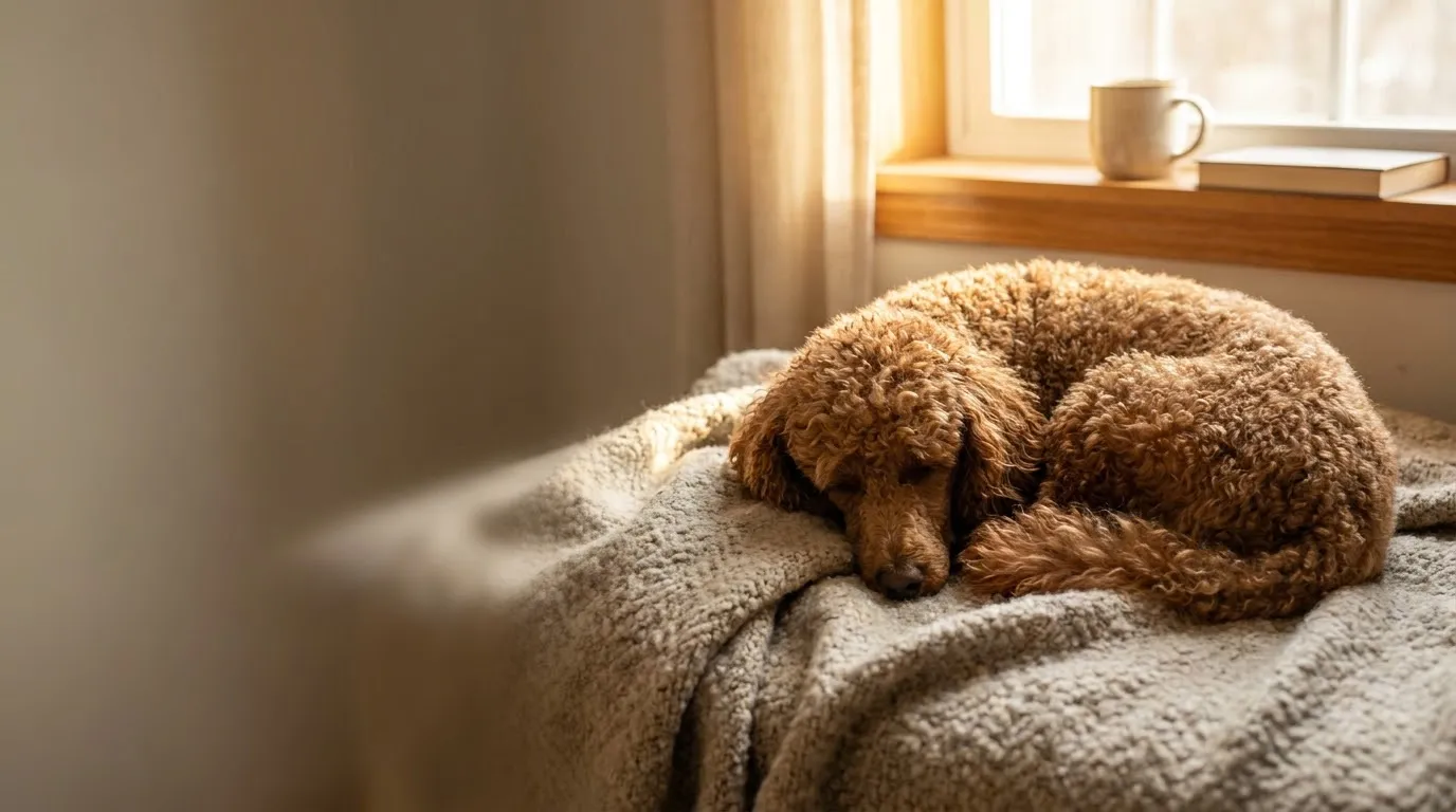 A Poodle resting on a cozy blanket at home in warm window light