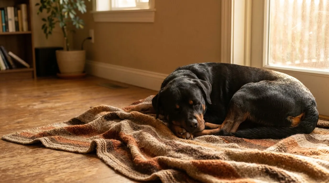 A Rottweiler resting on a cozy blanket at home in warm window light