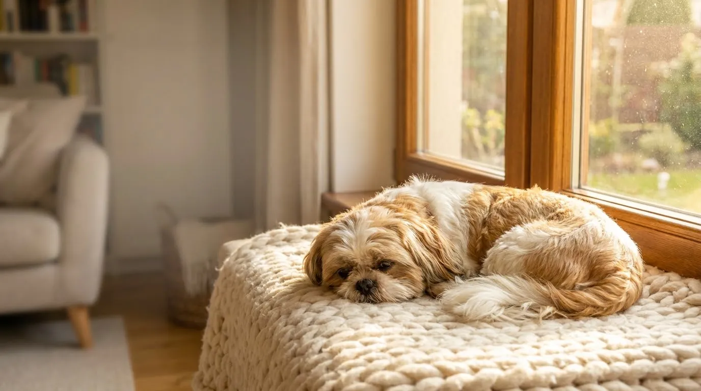 A Shih Tzu resting on a cozy blanket at home in warm window light