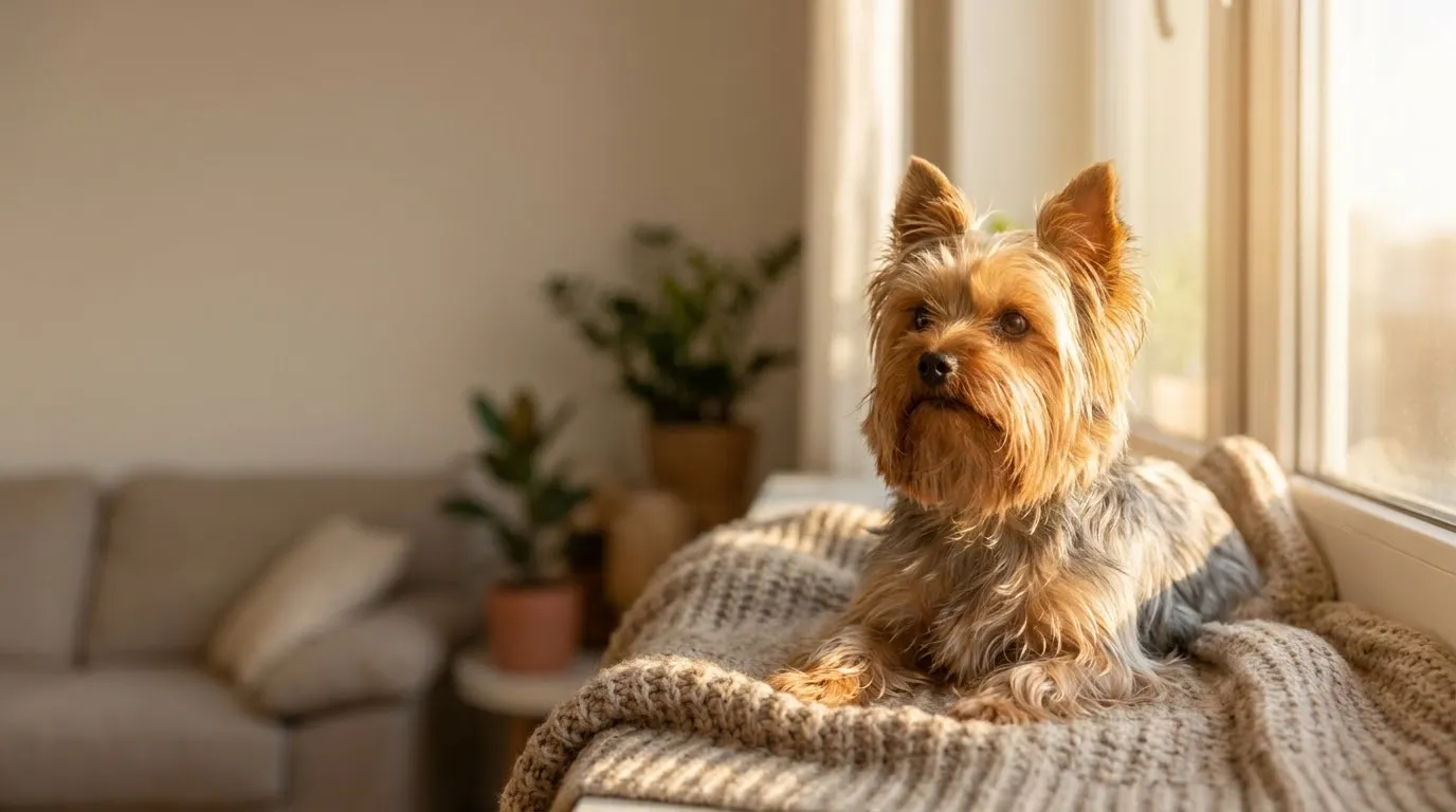 A Yorkshire Terrier (Yorkie) resting on a cozy custom gift blanket at home in warm window light